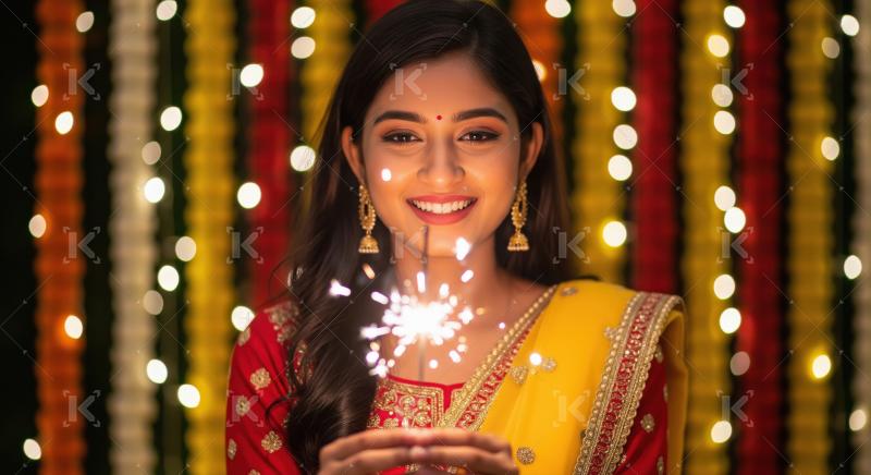 Young indian woman holding sparkler on diwali festival