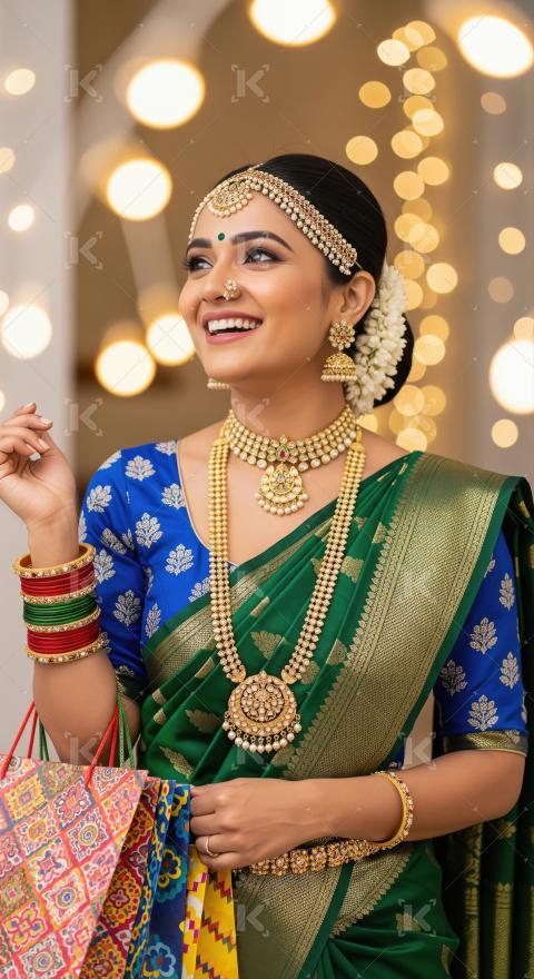 Indian woman in saree and gold jwelery holding shopping bags on