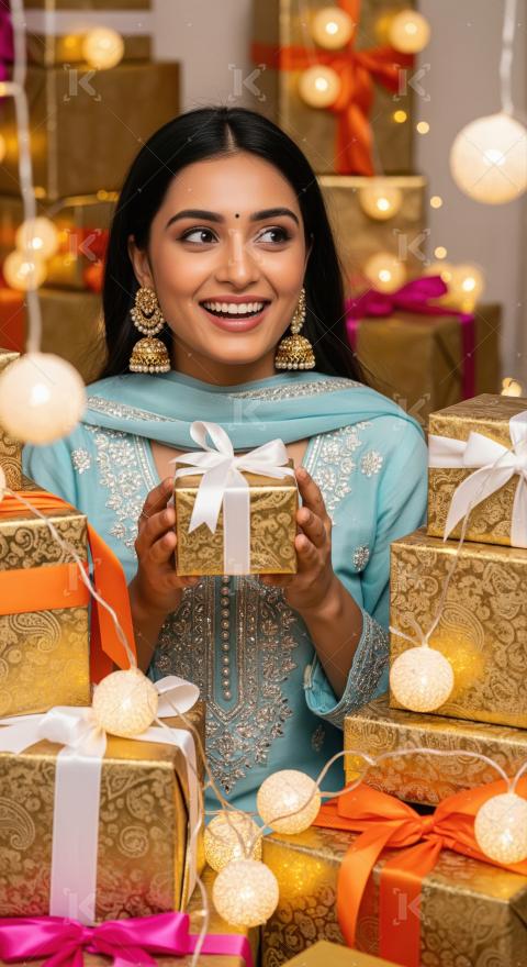 A woman in a blue traditional suit is surrounded by a pile of be