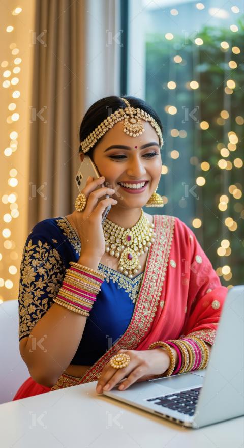 Indian woman in a blue and red saree sits at a desk with a lapto