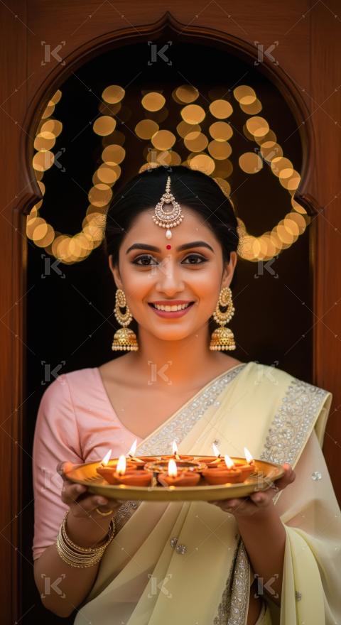 Young indian woman holding traditional oil lamp on diwali festiv