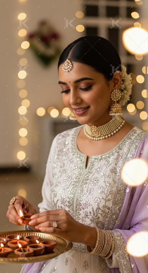 Young indian woman holding traditional oil lamp on diwali festiv