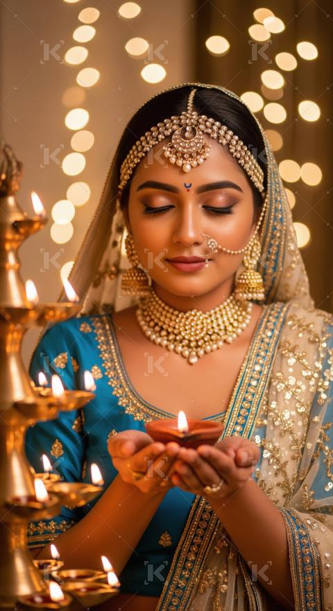 Young indian woman holding traditional oil lamp on diwali festiv