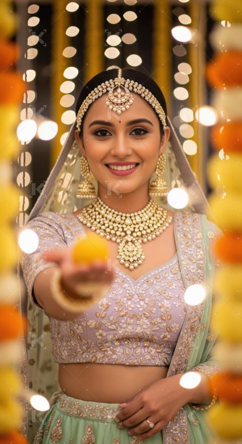 Young beautiful indian woman offering laddu on diwali festival