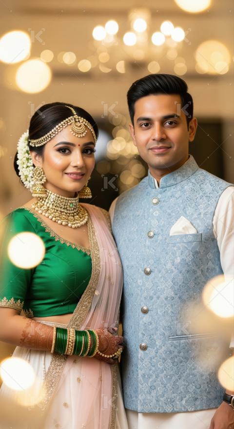 Happy couple in traditional attire on diwali festival