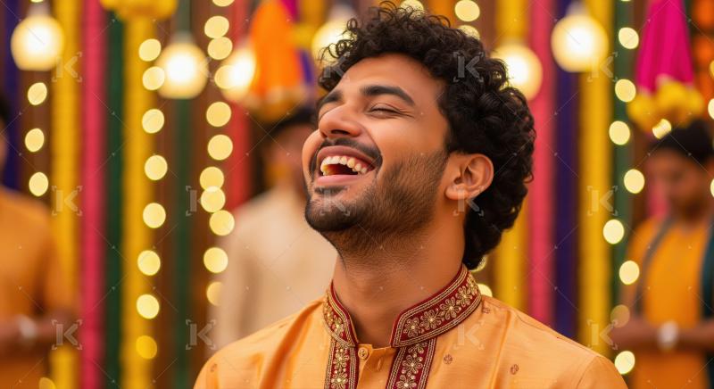 A young Indian man in a yellow embroidered kurta stands amidst f