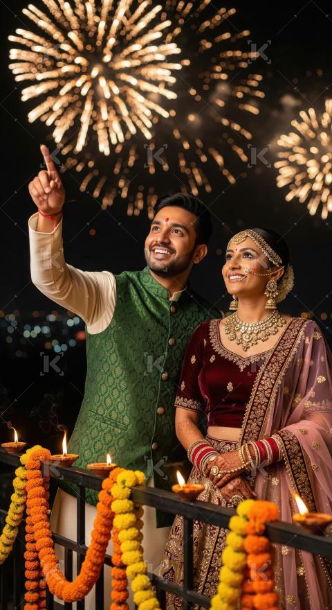 Happy couple in traditional attire on diwali festival