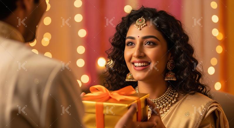 Husband giving gift to wife on diwali festival