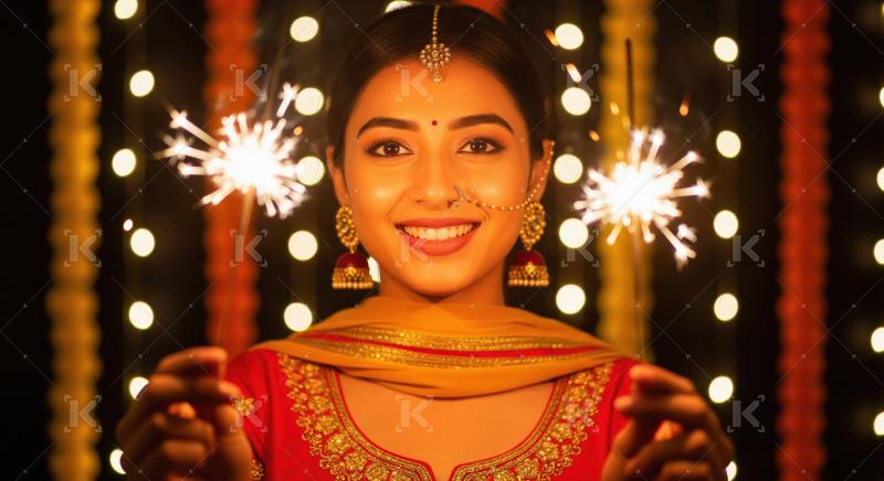 Young indian woman holding sparkler on diwali festival