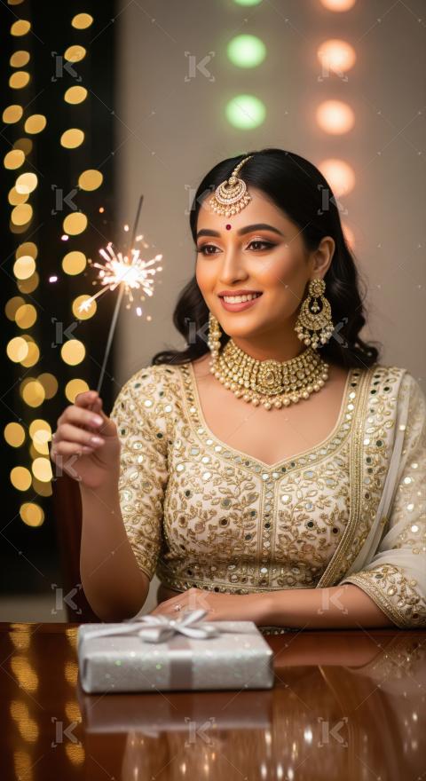 Young indian woman holding sparkler on diwali festival