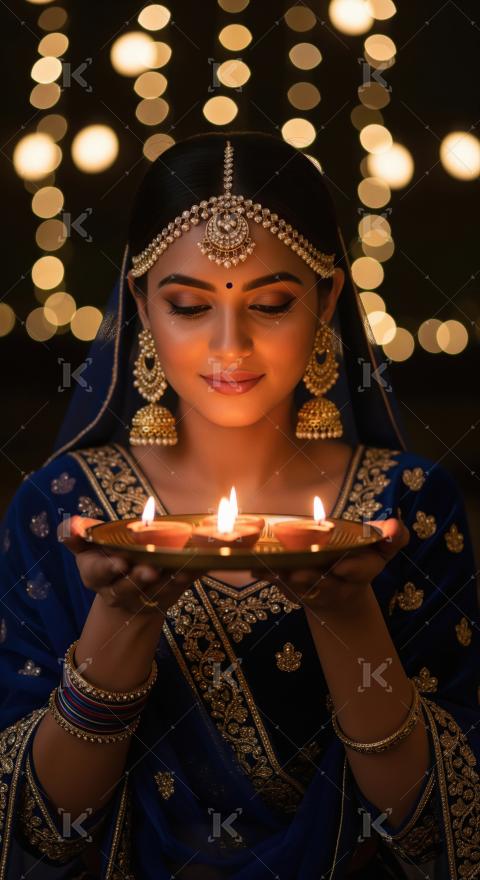 Young indian woman holding traditional oil lamp on diwali festiv