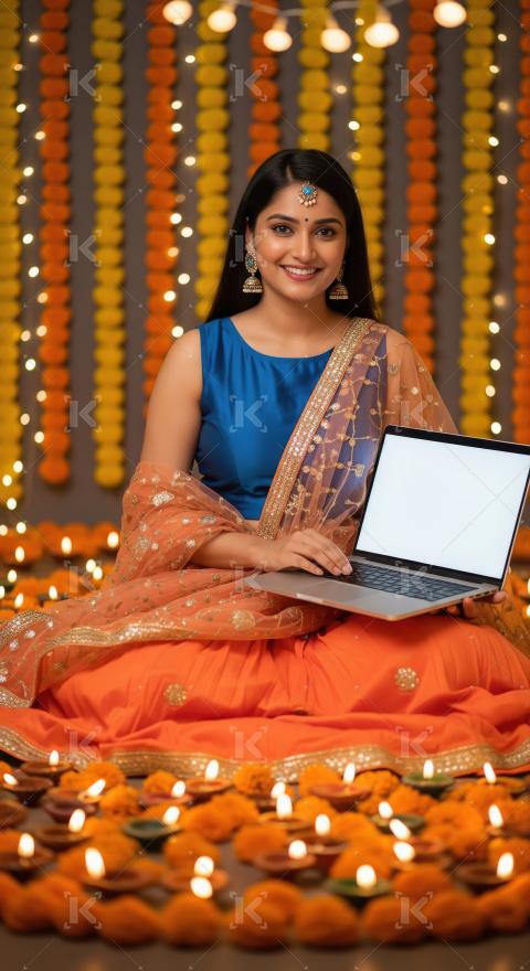A young indian woman in traditional wear on Diwali decorations,
