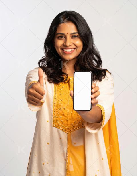 Young indian woman showing white blank smartphone screen standin