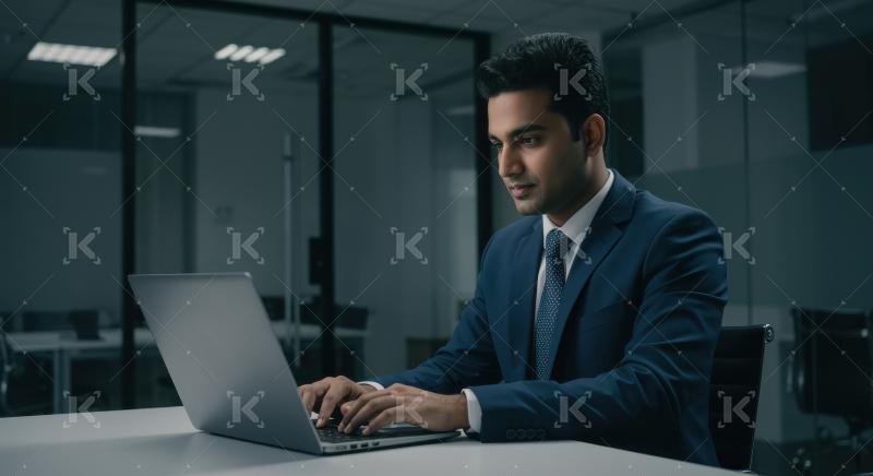 Young indian businessman working on laptop sitting at office