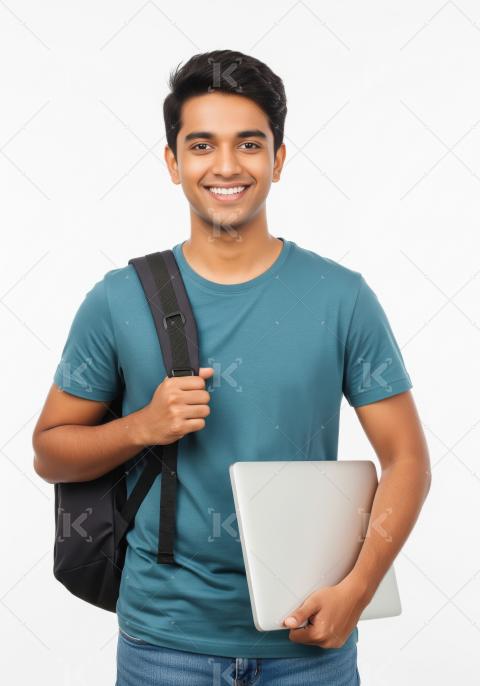 Young indian college student holding laptop standing at college