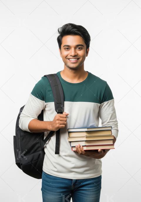 Young indian college boy holding books standing on white backgro