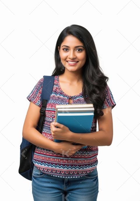 Young indian college girl holding books standing on white backgr