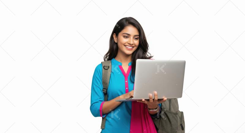 Young indian college girl holding laptop standing on white backg