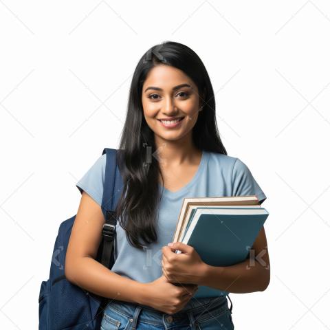 Young indian college girl holding books standing on white backgr