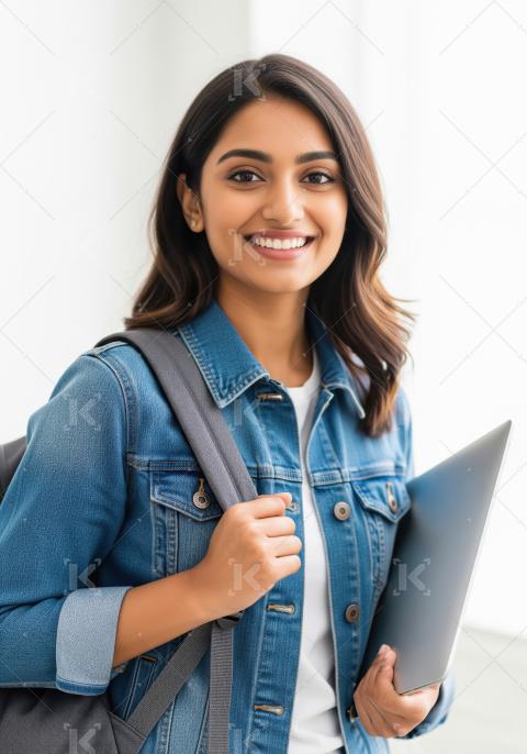 Young indian college girl holding laptop standing on white backg