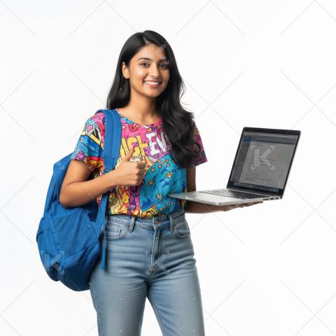 Young indian college girl holding laptop showing thumbs up stand