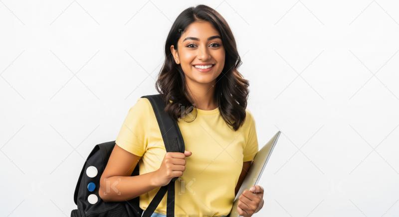 Young indian college girl holding laptop standing on white backg