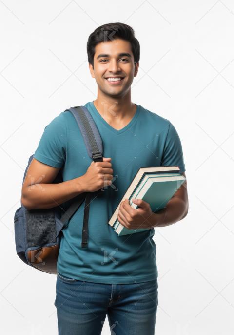 Young indian college boy holding books standing on white backgro