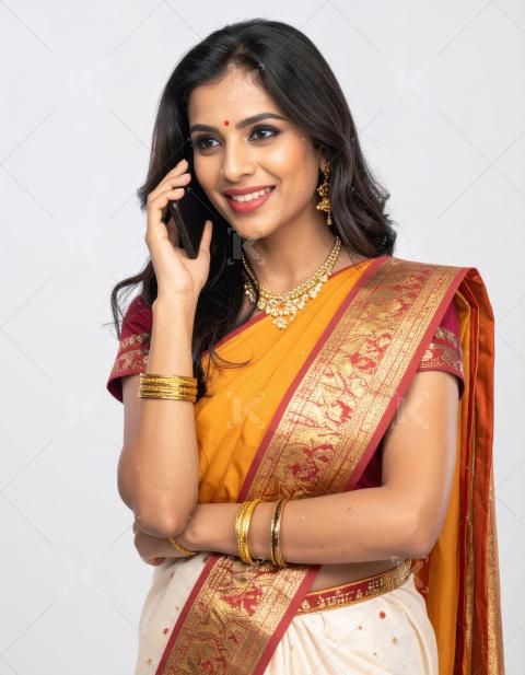 Young beautiful indian woman talking on smartphone standing on w