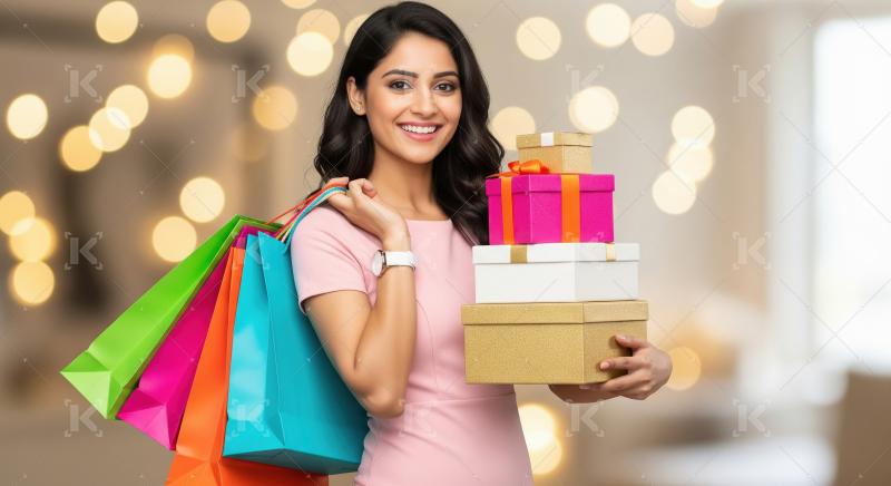 Happy young indian woman holding shopping bags and gift box