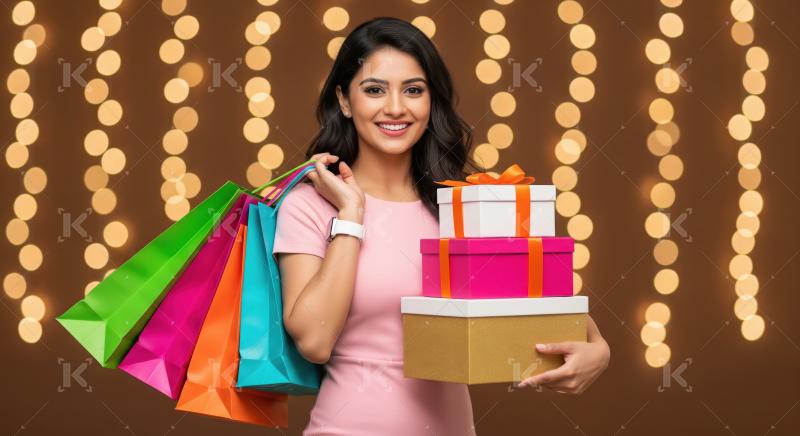 Happy young indian woman holding shopping bags and gift box