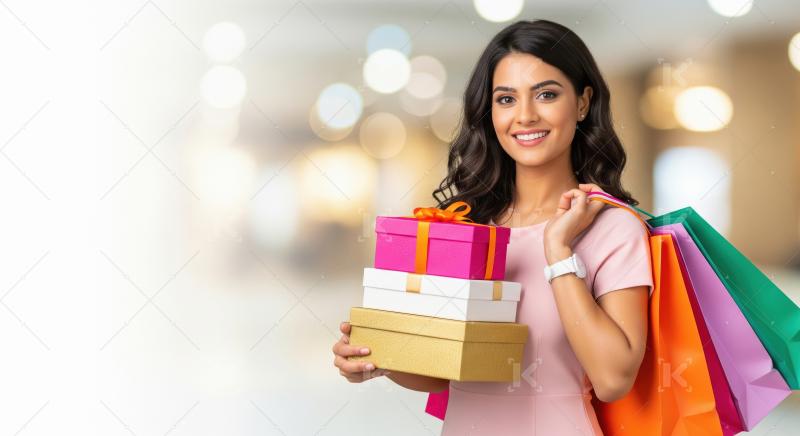 Happy young indian woman holding shopping bags and gift box