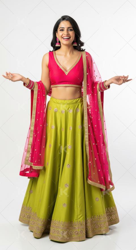 Young indian woman wearing traditional lehenga standing with ope