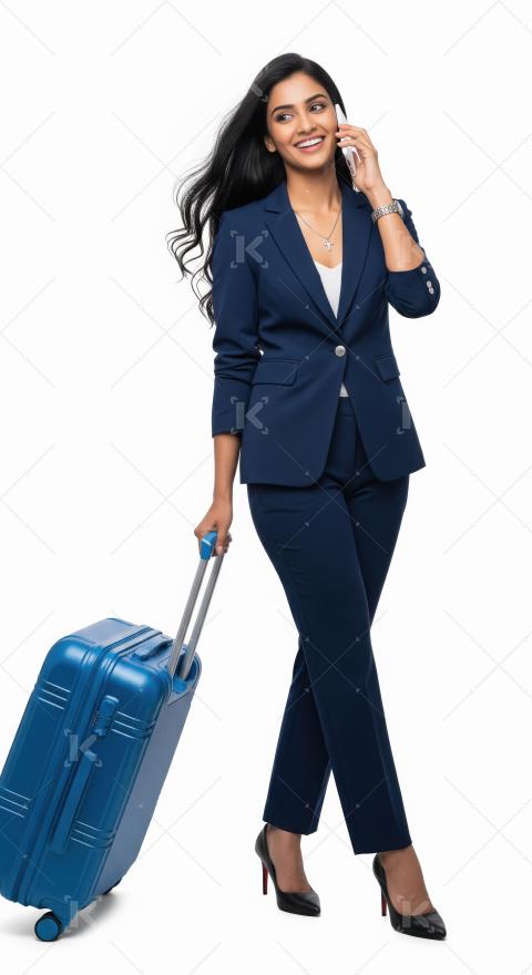 Young indian woman talking with smartphone standing with suitcas