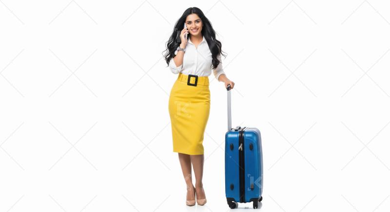 Young indian woman talking with smartphone standing with suitcas