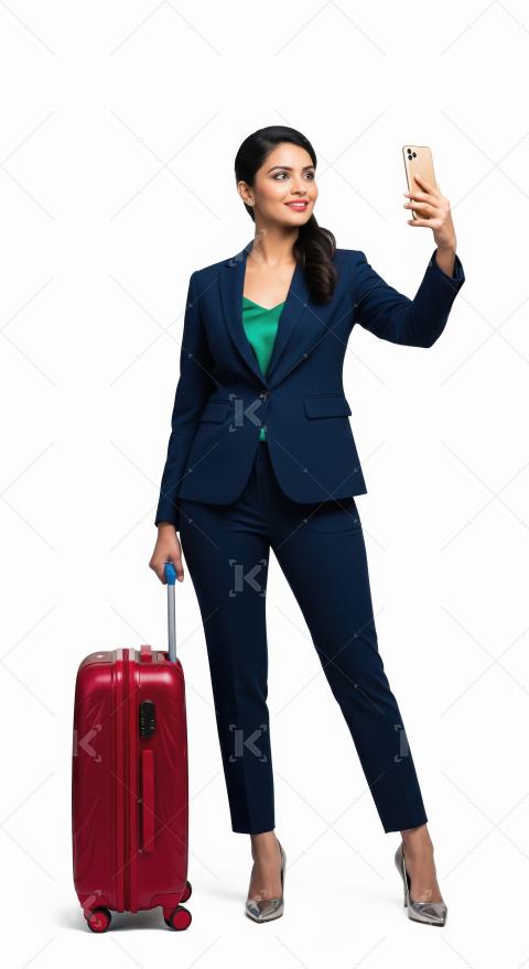 Young indian woman holding smartphone standing with suitcase on