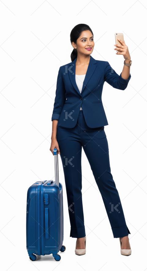 Young indian woman holding smartphone standing with suitcase on