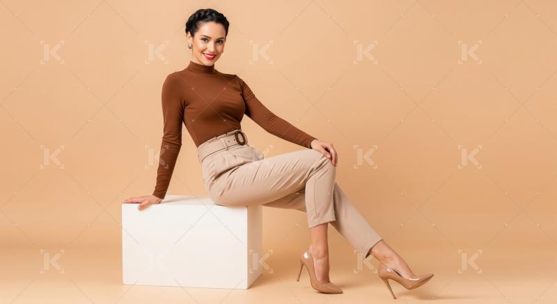Young beautiful stylish woman sitting on studio cube