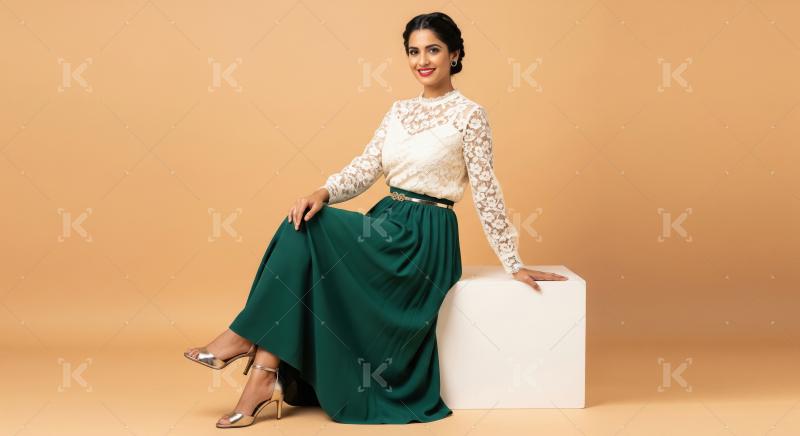 Young beautiful stylish woman sitting on studio cube