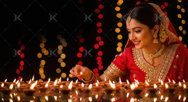 Young indian woman standing with glowing diyas on diwali festiva