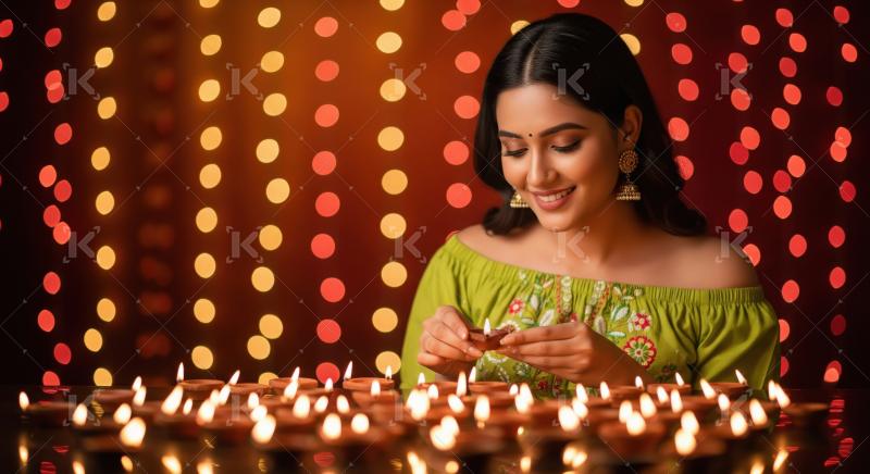 Young indian woman standing with glowing diyas on diwali festiva