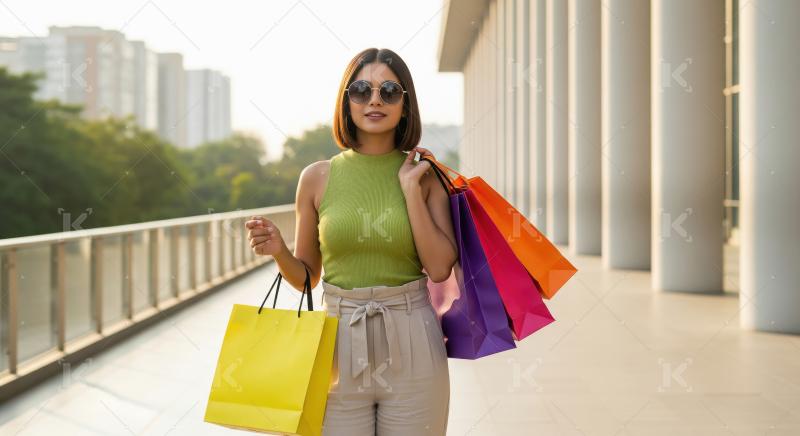Young indian stylish woman holding shopping bags walking on brid