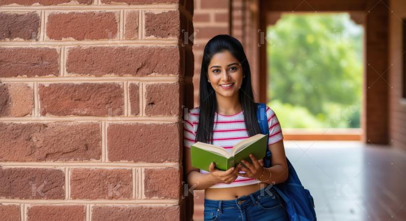 Young indian female college student holding books standing at co