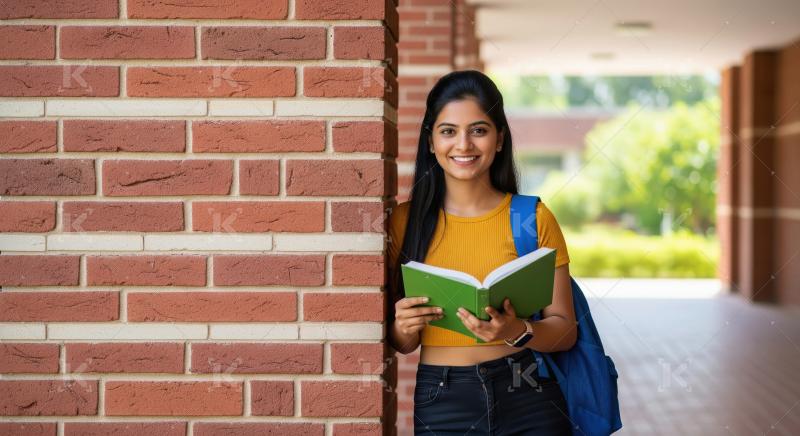 Young indian female college student holding books standing at co