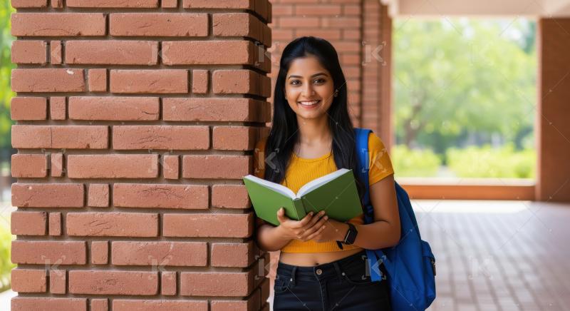 Young indian female college student holding books standing at co