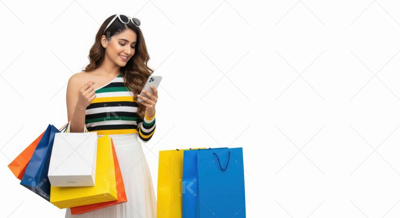 Young indian beautiful woman holding shopping bags and smartphon