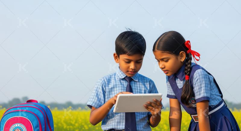 Happy indian Village school students using tablet together