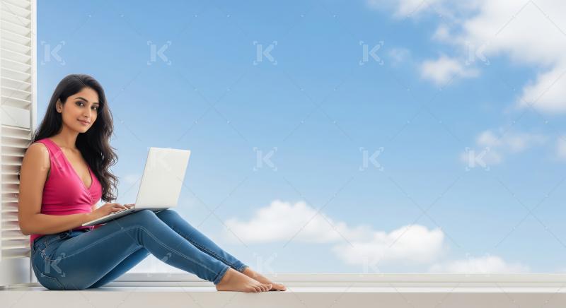 Young indian woman sitting on big window working on laptop