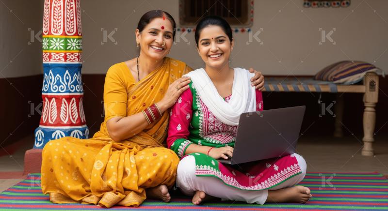 Happy indian mother and daughter using laptop together sitting a