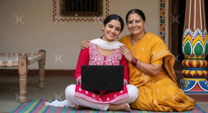 Happy indian mother and daughter using laptop together sitting a