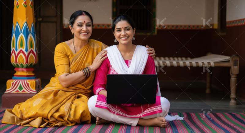 Happy indian mother and daughter using laptop together sitting a